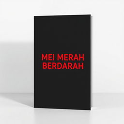 A minimalist novel cover design featuring a solid black background with a striking blood-red title 'MEI MERAH BERDARAH' prominently displayed in bold, modern typography