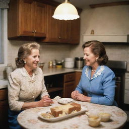 A vintage scene of a young Joe Biden being spoiled by his mother, herself a warm, loving woman in traditional mid-20th century attire. They are in a cozy, homely kitchen, filled with home-cooked food and soft, inviting lighting.