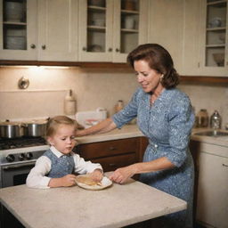 A vintage scene of a young Joe Biden being spoiled by his mother, herself a warm, loving woman in traditional mid-20th century attire. They are in a cozy, homely kitchen, filled with home-cooked food and soft, inviting lighting.