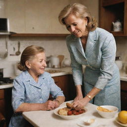 A vintage scene of a young Joe Biden being spoiled by his mother, herself a warm, loving woman in traditional mid-20th century attire. They are in a cozy, homely kitchen, filled with home-cooked food and soft, inviting lighting.