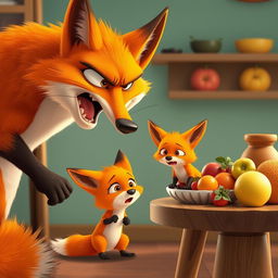 In a vibrant morning scene, a large orange mother fox is fiercely yelling at her cute, orange baby fox, who is looking quite startled and scared by the sudden outburst