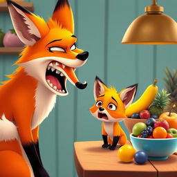 In a vibrant morning scene, a large orange mother fox is fiercely yelling at her cute, orange baby fox, who is looking quite startled and scared by the sudden outburst