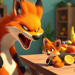 In a vibrant morning scene, a large orange mother fox is fiercely yelling at her cute, orange baby fox, who is looking quite startled and scared by the sudden outburst