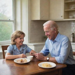 Illustration of a young Joe Biden sitting at a cozy kitchen table being spoiled by his mother. She is tenderly serving him his favorite meal, both of them sharing a heartfelt moment in a classic mid-20th century setting.