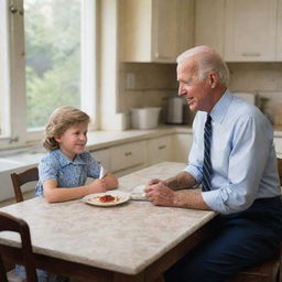 Illustration of a young Joe Biden sitting at a cozy kitchen table being spoiled by his mother. She is tenderly serving him his favorite meal, both of them sharing a heartfelt moment in a classic mid-20th century setting.