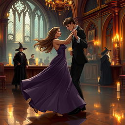 A mature-themed fantasy illustration inspired by the Harry Potter universe, set in a lavish, candle-lit ballroom within Hogwarts