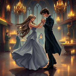 A mature-themed fantasy illustration inspired by the Harry Potter universe, set in a lavish, candle-lit ballroom within Hogwarts