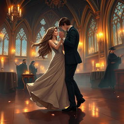 A mature-themed fantasy illustration inspired by the Harry Potter universe, set in a lavish, candle-lit ballroom within Hogwarts