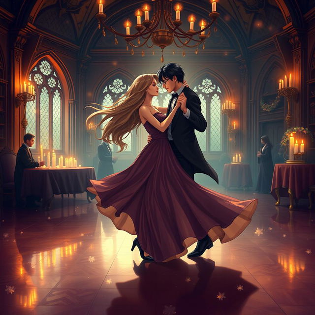 A mature-themed fantasy illustration inspired by the Harry Potter universe, set in a lavish, candle-lit ballroom within Hogwarts