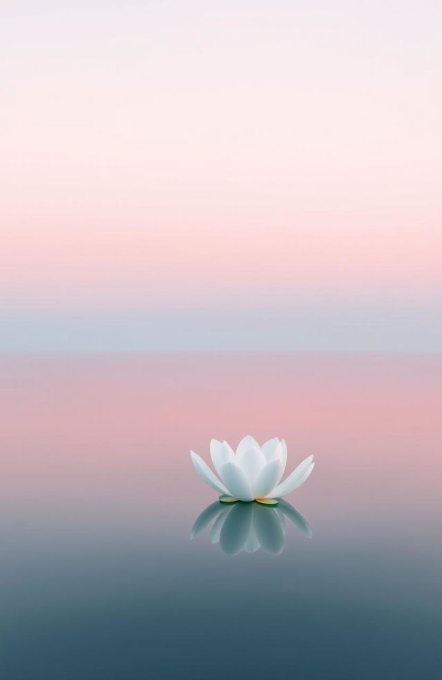 A minimalist composition showcasing a serene landscape with a soft gradient sky transitioning from pastel pink to light blue