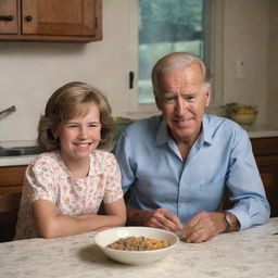 Illustration of a young Joe Biden sitting at a cozy kitchen table being spoiled by his mother. She is tenderly serving him his favorite meal, both of them sharing a heartfelt moment in a classic mid-20th century setting.