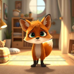 In a cozy morning interior, a cute orange baby fox stands with a forlorn expression, looking both confused and somewhat neglected