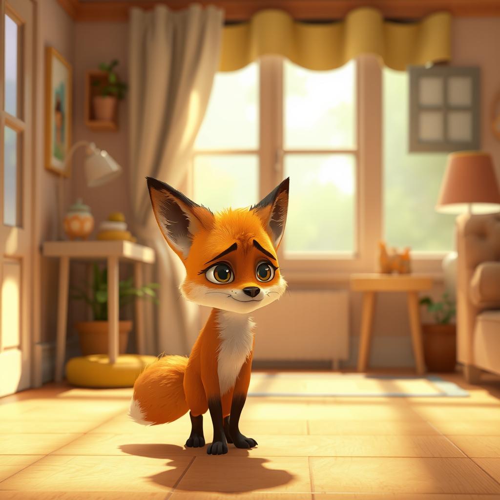 In a cozy morning interior, a cute orange baby fox stands with a forlorn expression, looking both confused and somewhat neglected