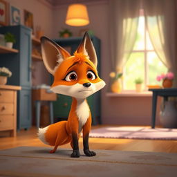 In a cozy morning interior, a cute orange baby fox stands with a forlorn expression, looking both confused and somewhat neglected