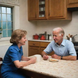 Illustration of a young Joe Biden sitting at a cozy kitchen table being spoiled by his mother. She is tenderly serving him his favorite meal, both of them sharing a heartfelt moment in a classic mid-20th century setting.