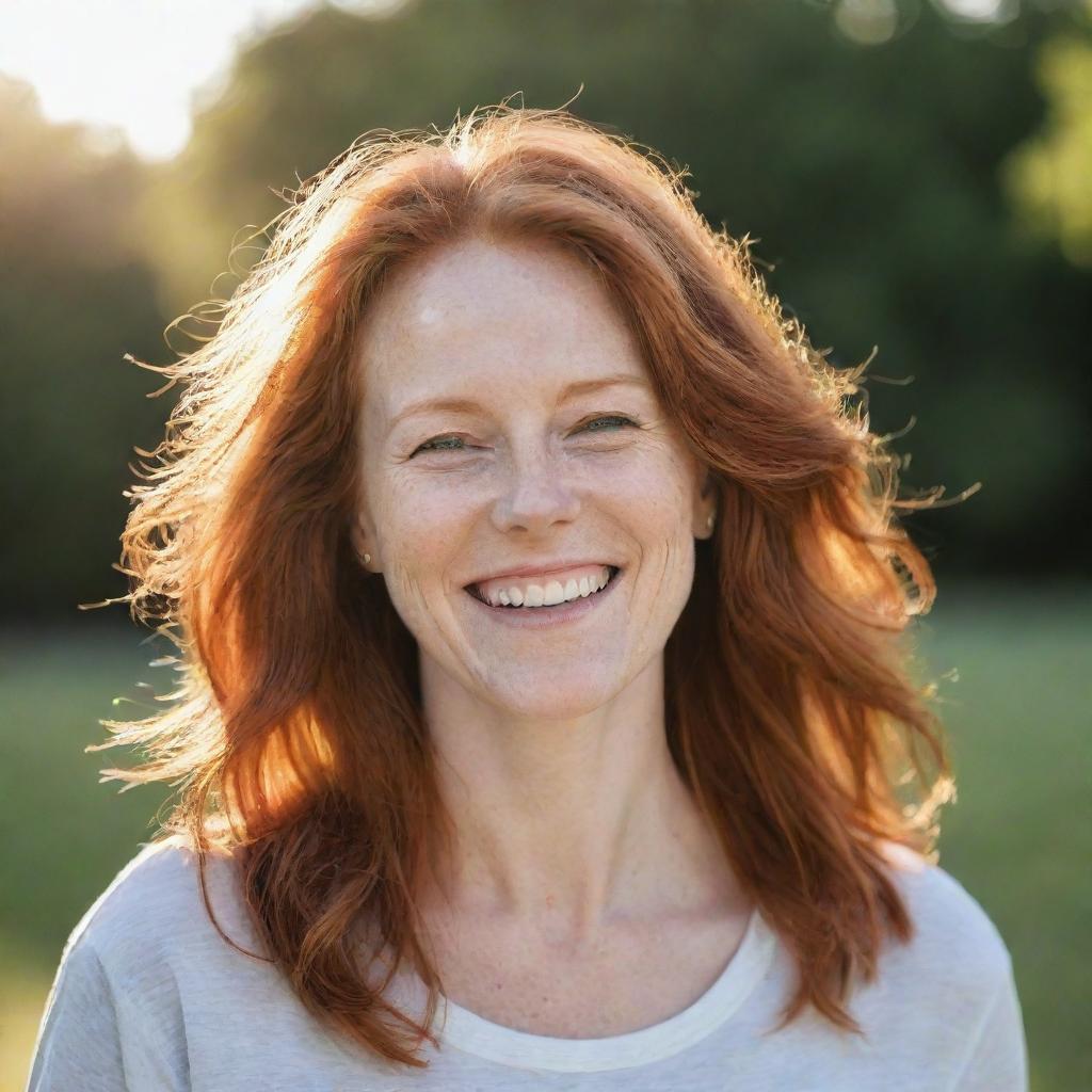 A portrait of a joyful redhead mother, in casual attire, with sunlight tinging her hair