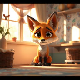 In a bright morning setting within a cozy room, a cute orange baby fox sits in the corner with a forlorn expression, looking dazed and a bit neglected