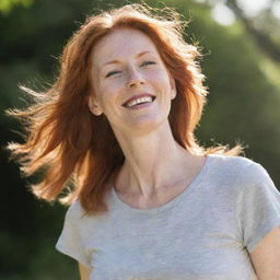 A portrait of a joyful redhead mother, in casual attire, with sunlight tinging her hair