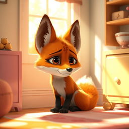 In a bright morning setting within a cozy room, a cute orange baby fox sits in the corner with a forlorn expression, looking dazed and a bit neglected