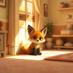 In a bright morning setting within a cozy room, a cute orange baby fox sits in the corner with a forlorn expression, looking dazed and a bit neglected