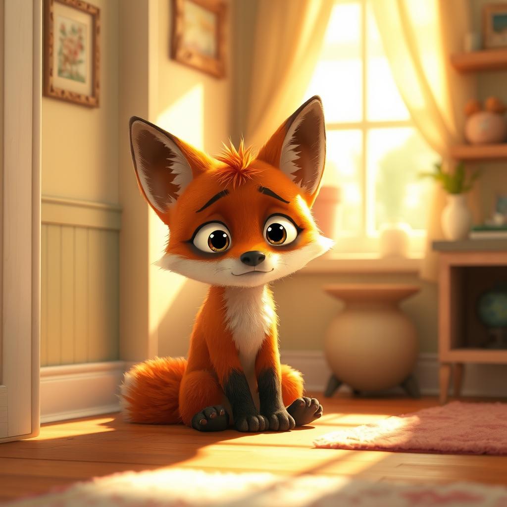 In a bright morning setting within a cozy room, a cute orange baby fox sits in the corner with a forlorn expression, looking dazed and a bit neglected