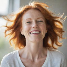 A portrait of a joyful redhead mother, in casual attire, with sunlight tinging her hair