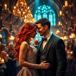 A mature-themed fantasy scene inspired by the Harry Potter universe, showcasing a stylish gathering at a wizarding gala inside a grand hall at Hogwarts