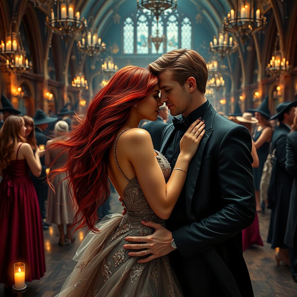 A mature-themed fantasy scene inspired by the Harry Potter universe, showcasing a stylish gathering at a wizarding gala inside a grand hall at Hogwarts