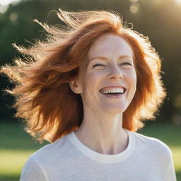 A portrait of a joyful redhead mother, in casual attire, with sunlight tinging her hair