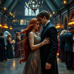 A mature-themed fantasy scene inspired by the Harry Potter universe, showcasing a stylish gathering at a wizarding gala inside a grand hall at Hogwarts