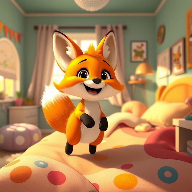 In a cozy morning setting inside a cheerful room, a cute orange baby fox joyfully hops out of bed, radiating happiness and excitement