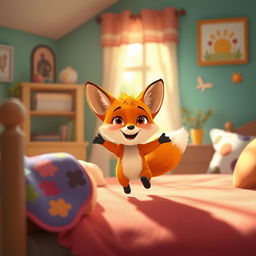 In a cozy morning setting inside a cheerful room, a cute orange baby fox joyfully hops out of bed, radiating happiness and excitement