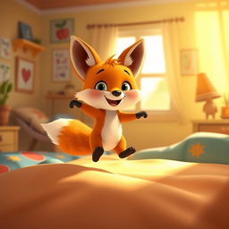 In a cozy morning setting inside a cheerful room, a cute orange baby fox joyfully hops out of bed, radiating happiness and excitement