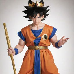 Goku from Dragon Ball Z, dressed in a majestic royal attire, complete with a crown, scepter, and royal robes.