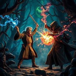 An action-packed fantasy scene set in the Harry Potter universe, depicting a dramatic duel between a brave wizard and a powerful dark sorcerer in the iconic Forbidden Forest