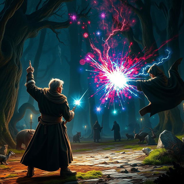 An action-packed fantasy scene set in the Harry Potter universe, depicting a dramatic duel between a brave wizard and a powerful dark sorcerer in the iconic Forbidden Forest