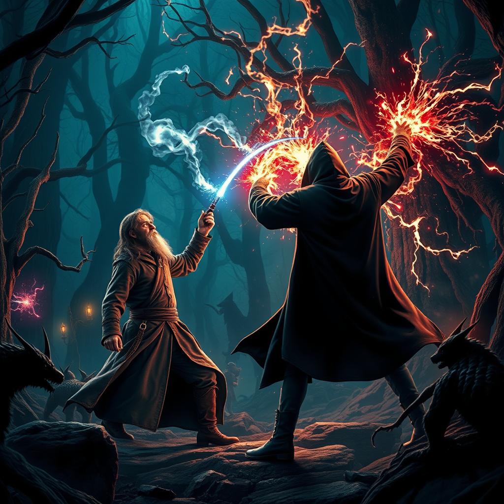 An action-packed fantasy scene set in the Harry Potter universe, depicting a dramatic duel between a brave wizard and a powerful dark sorcerer in the iconic Forbidden Forest