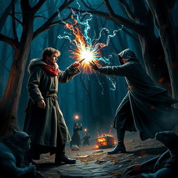 An action-packed fantasy scene set in the Harry Potter universe, depicting a dramatic duel between a brave wizard and a powerful dark sorcerer in the iconic Forbidden Forest