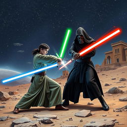 An exhilarating lightsaber duel set in the iconic Star Wars universe, taking place on a rocky, desolate planet under a starry sky