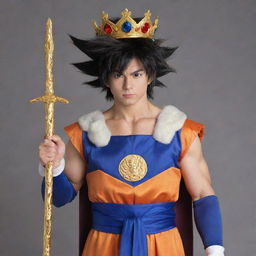 Goku from Dragon Ball Z, dressed in a majestic royal attire, complete with a crown, scepter, and royal robes.