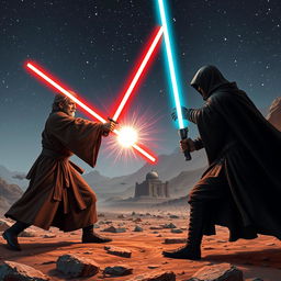 An exhilarating lightsaber duel set in the iconic Star Wars universe, taking place on a rocky, desolate planet under a starry sky