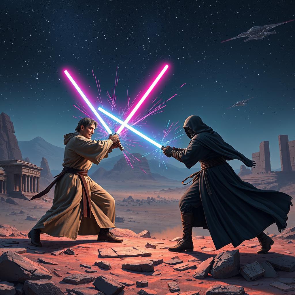 An exhilarating lightsaber duel set in the iconic Star Wars universe, taking place on a rocky, desolate planet under a starry sky