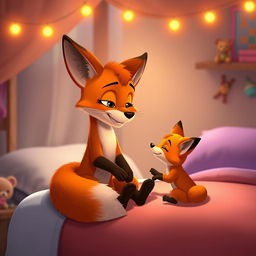 In a warm evening setting, a loving orange mother fox sits on the edge of a bed, engaging in a heartfelt conversation with her adorable orange baby fox