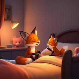 In a warm evening setting, a loving orange mother fox sits on the edge of a bed, engaging in a heartfelt conversation with her adorable orange baby fox