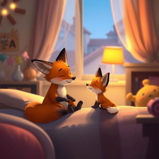 In a warm evening setting, a loving orange mother fox sits on the edge of a bed, engaging in a heartfelt conversation with her adorable orange baby fox