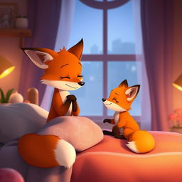 In a warm evening setting, a loving orange mother fox sits on the edge of a bed, engaging in a heartfelt conversation with her adorable orange baby fox