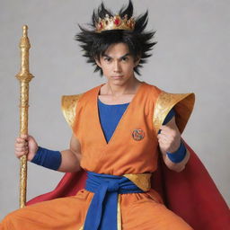 Goku from Dragon Ball Z, dressed in a majestic royal attire, complete with a crown, scepter, and royal robes.