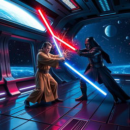 An intense lightsaber duel in the Star Wars universe, set on a futuristic space station with sleek metallic surfaces and vibrant neon lights