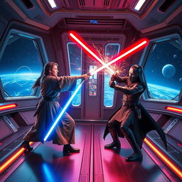 An intense lightsaber duel in the Star Wars universe, set on a futuristic space station with sleek metallic surfaces and vibrant neon lights