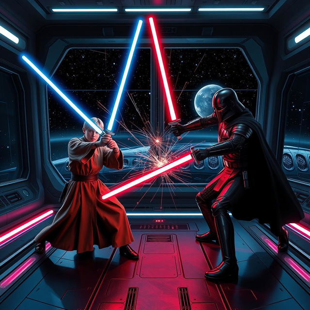 An intense lightsaber duel in the Star Wars universe, set on a futuristic space station with sleek metallic surfaces and vibrant neon lights